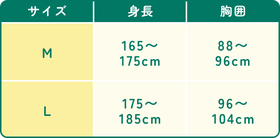 ユニセックスサイズ表